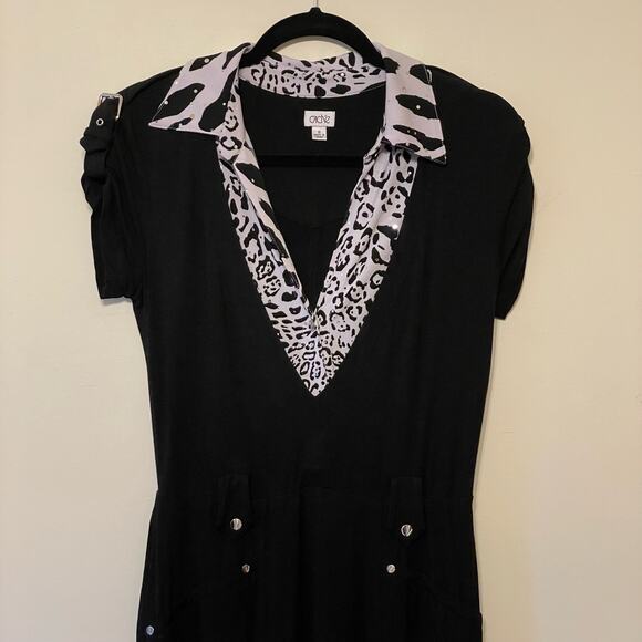 Cache 8 black leopard animal print midi dress fitted pencil short sleeve gaudy - Picture 2 of 7